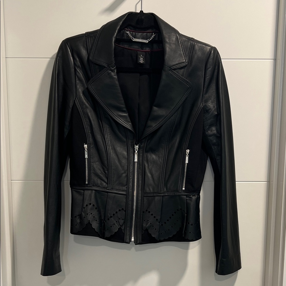 WHBM Black Leather Jacket with Peplum Detail